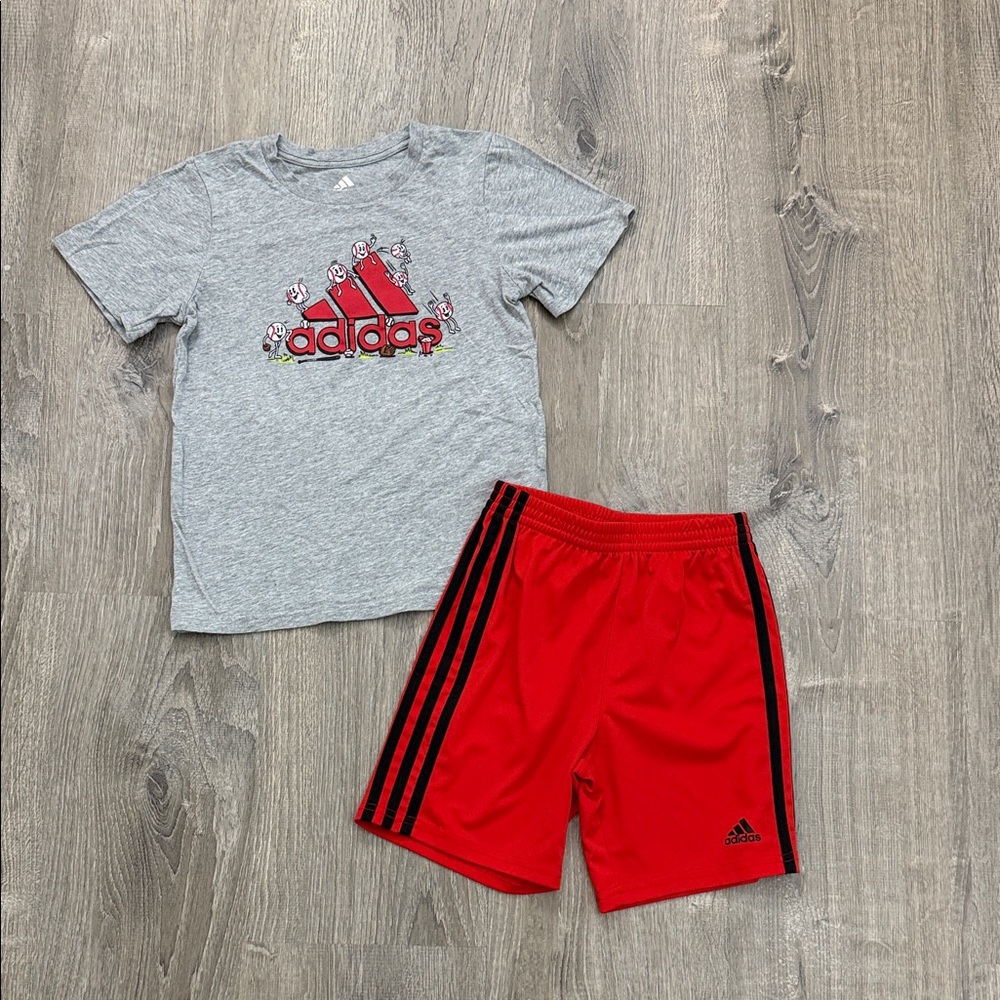 adidas Grey Baseball Tee and Red Athletic Shorts Size 7